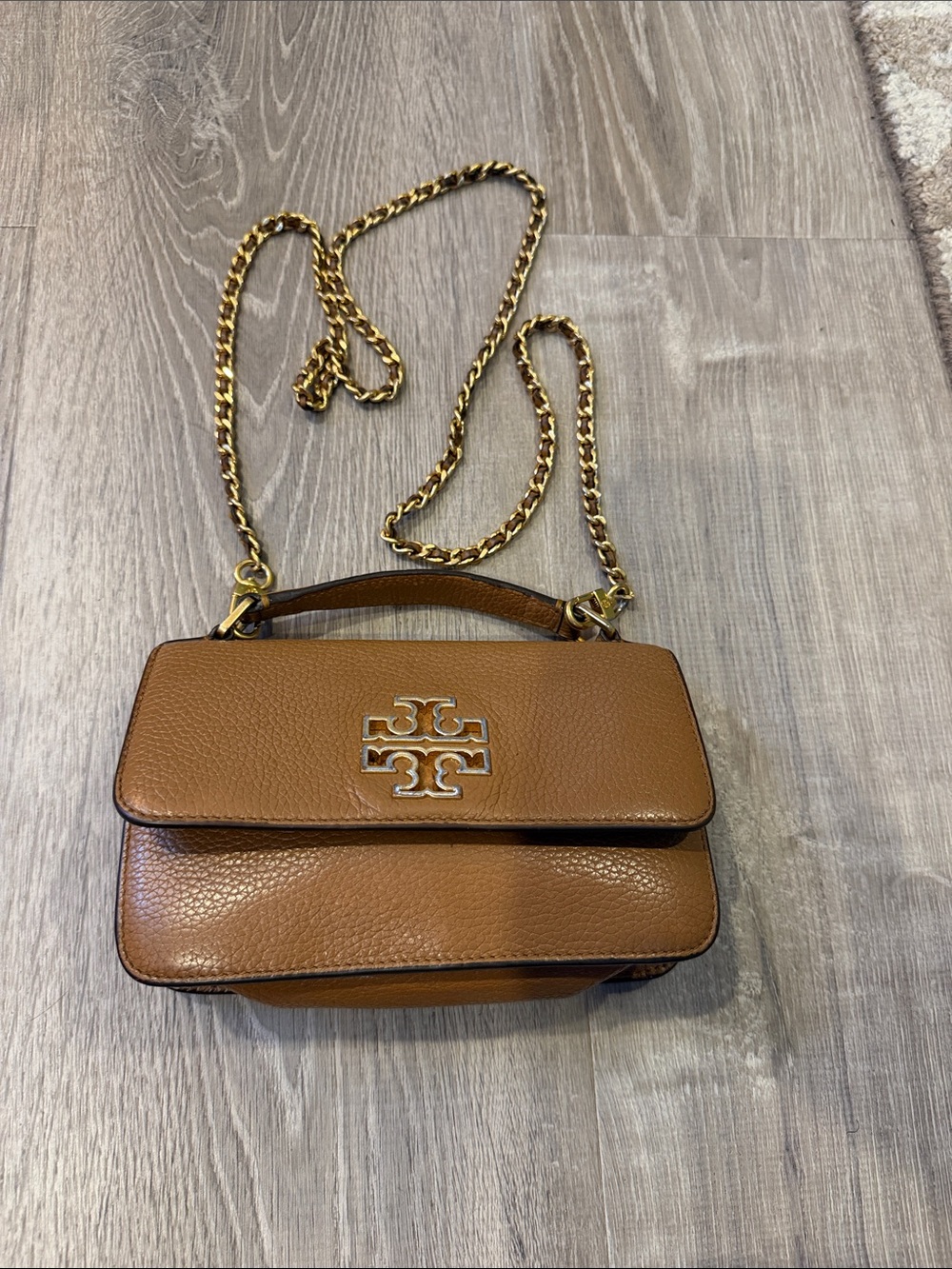 Tory Burch Tan Pebbled Leather Crossbody with Gold-Tone Chain